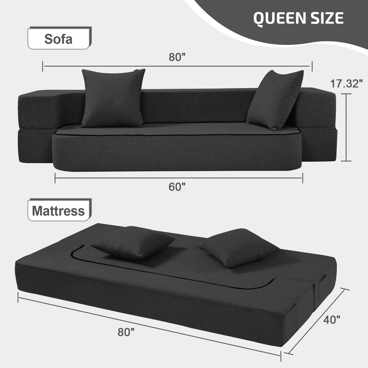 SUYOLS 2-in-1 Convertible Couch Bed with 2 Pillows - Folding Floor Couch & Sleeping Mattress - Washable Cover & Memory Foam Sleeper for Living Room/Guest Room/Home Office/Van Trip, Twin XL, Dark Grey SUYOLS