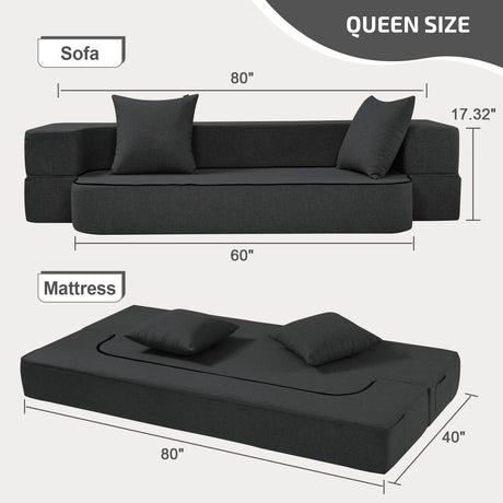 SUYOLS 2-in-1 Convertible Couch Bed with 2 Pillows - Folding Floor Couch & Sleeping Mattress - Washable Cover & Memory Foam Sleeper for Living Room/Guest Room/Home Office/Van Trip, Twin XL, Dark Grey SUYOLS