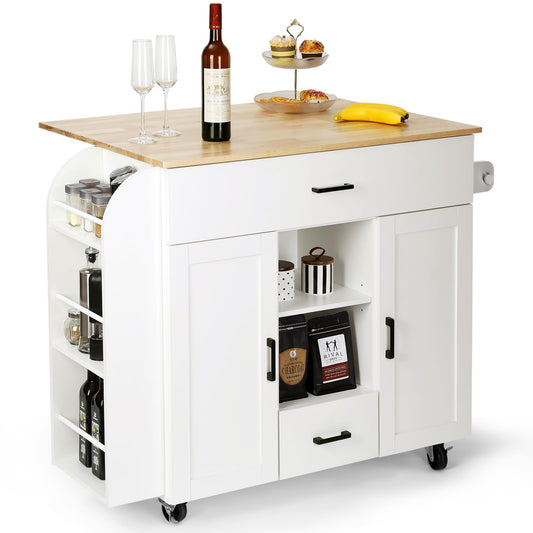 VOWNER White Kitchen Island with Drop Leaf and Ample Storage - WoodArtSupply