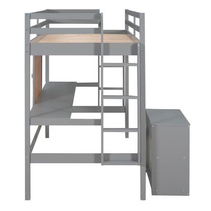 Merax Grey Twin Loft Bed with Desk and Storage – Sturdy Wooden Frame with Writing Board and Dual Ladder Design - WoodArtSupply