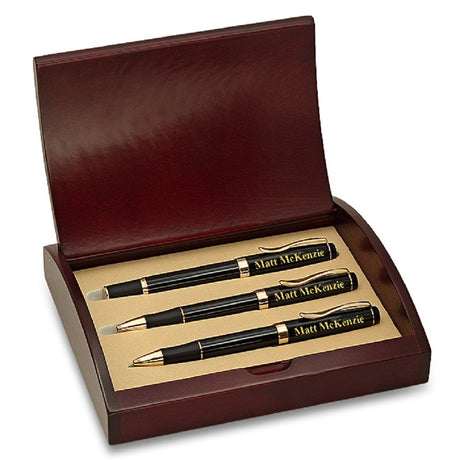 Laser Engraved Three Piece Pen & Pencil Gift Set with Cherry Wood Box | Custom Personalized Pen and Pencil Set Executive Gift Shoppe