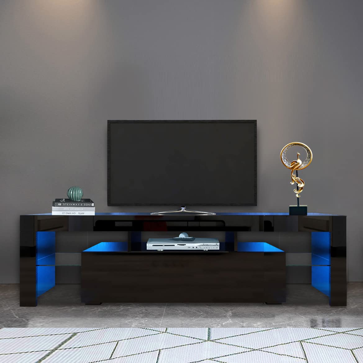 Black TV Stand with 2 Storage and 3 Open Shelves High Gloss LED TV, TV Entertainment Center TV Console Media Gaming TV Table Stands for Up 50 to 70 Inch - WoodArtSupply