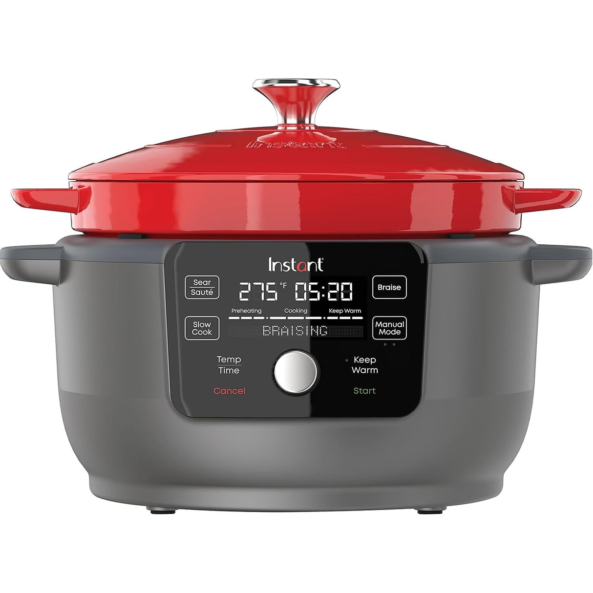 6-Quart 1500W Electric Dutch Oven with Recipe Book - Braise, Slow Cook, Sear, Warm, Red Enameled Cast Iron Instant