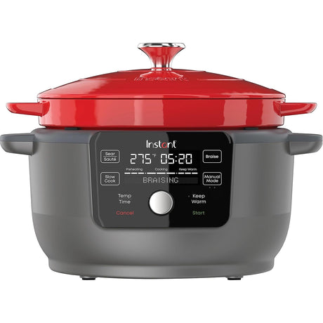 6-Quart 1500W Electric Dutch Oven with Recipe Book - Braise, Slow Cook, Sear, Warm, Red Enameled Cast Iron Instant