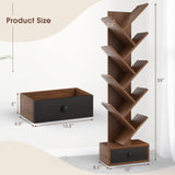 OFFICEJOY 10-Tier Tree Bookshelf, Floor Standing Bookshelf with Drawer, Small Bookcase for CDs, Books, Magazines,Utility Organizer Shelves for Living Room, Study, Bedroom, Office, School, Brown OFFICEJOY