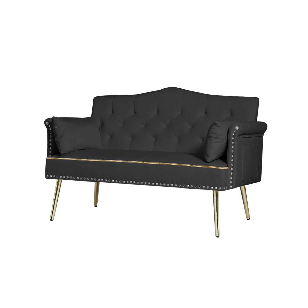 hansones 55-Inch Modern Velvet Loveseat Sofa with Gold Metal Legs & Side Pockets, Tufted Backrest, Perfect for Living Room, Bedroom, or Office (Black) hansones
