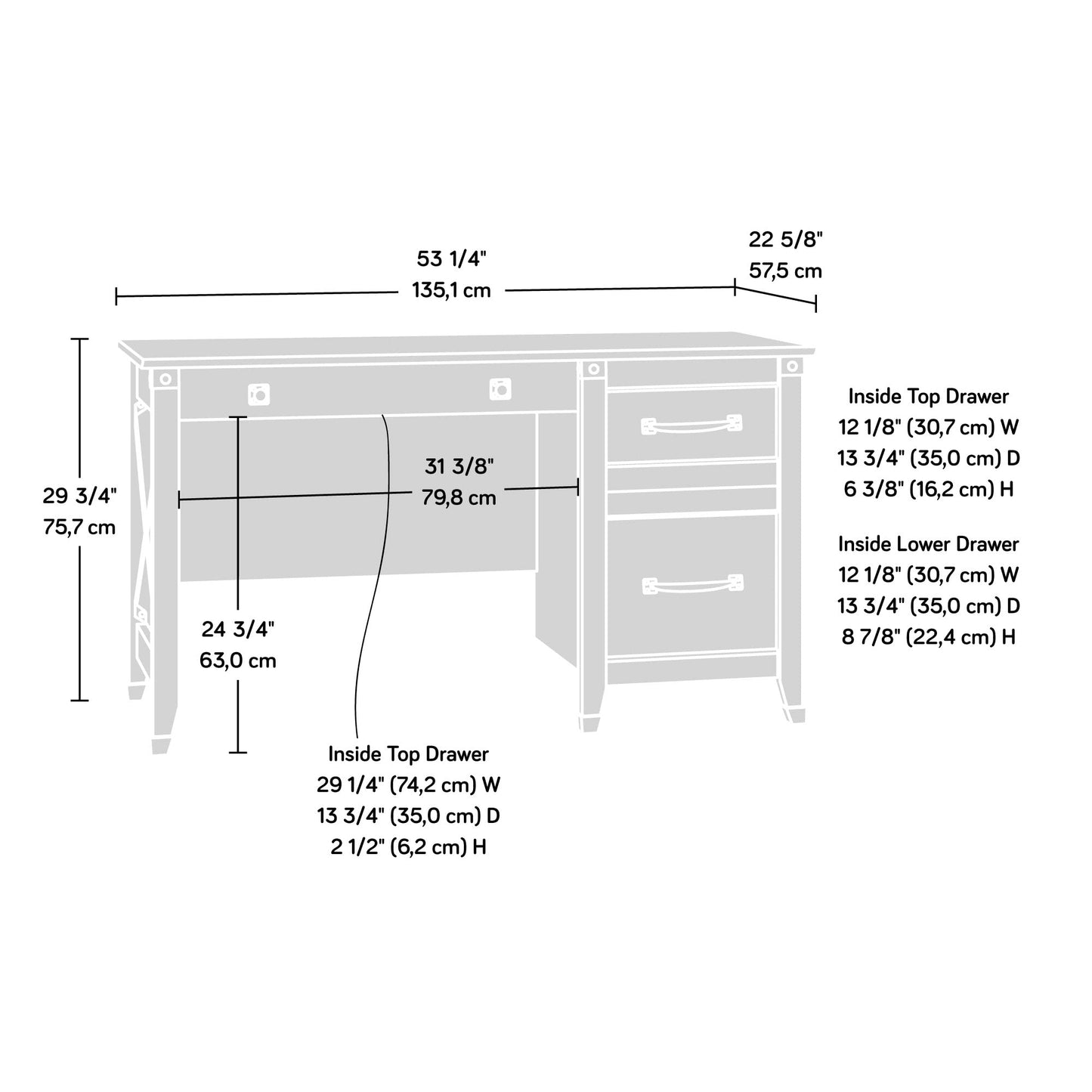 Sauder Carson Forge Pedestal Desk, L: 53.19" x W: 22.64" x H: 29.80", Soft White Finish - WoodArtSupply