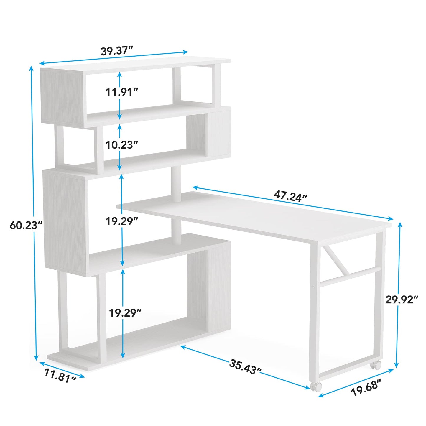 Tribesigns Rotating Computer Desk with 5 Shelves Bookshelf, Modern L-Shaped Corner Desk with Storage, Reversible Office Desk Study Table Writing Desk on Wheels for Home Office (White) - WoodArtSupply