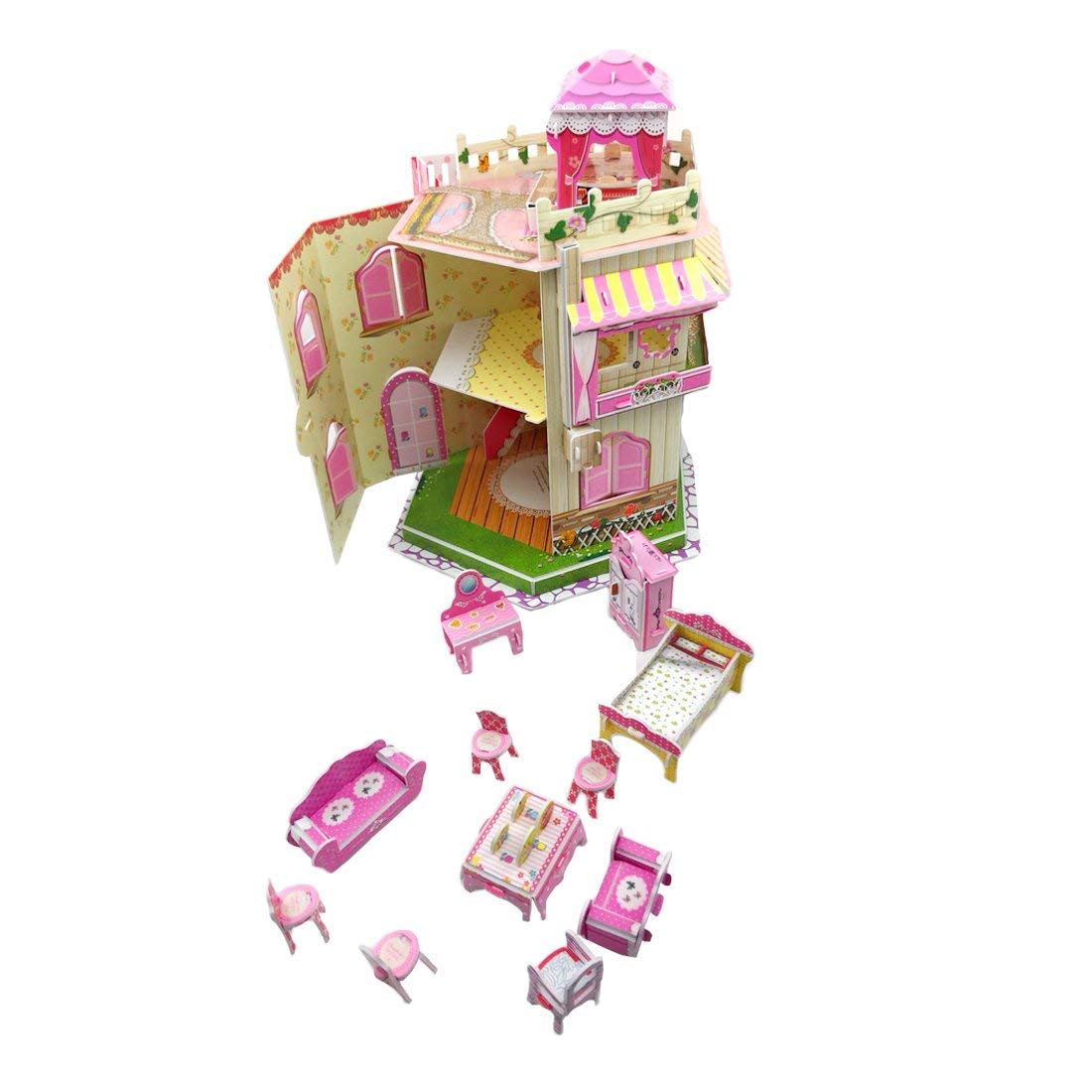 Rooftop Romance 3D Puzzle Dollhouse for Girls - Easy to Assemble 3-D Miniature Doll House Building Kit with LED Light for Kids - Educational Paper Jigsaw Puzzles - Perfect Craft Toys Gift - 101 Pcs Sourcingbay