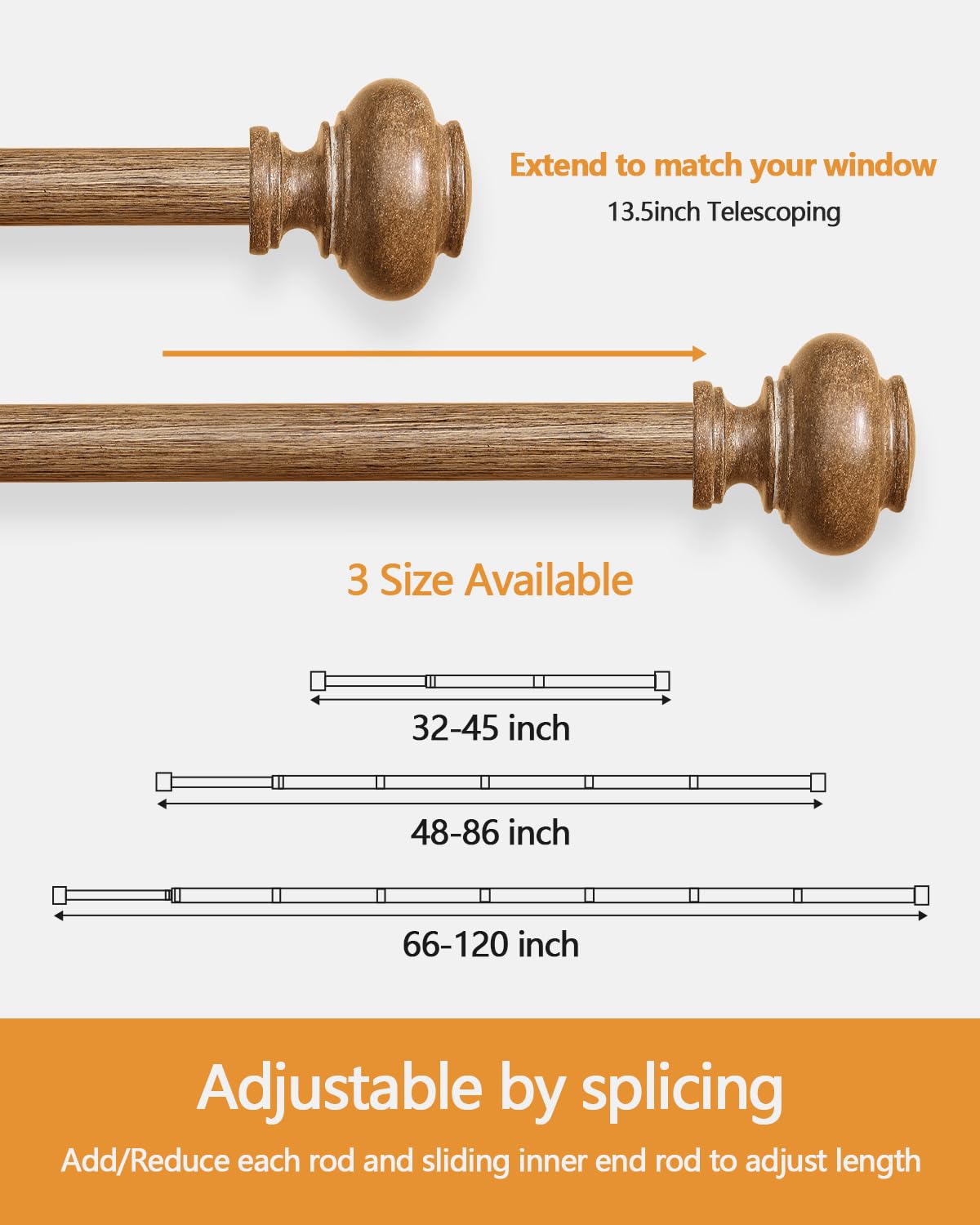 Wood Curtain Rods for Windows 48 to 84 Inch, 1 Inch Heavy Duty Curtain Rods with Imitation Wood Grain Finials, Boho Adjustable Drapery Rods, Farmhouse Rustic Single Window Curtains Rods HIQTEK
