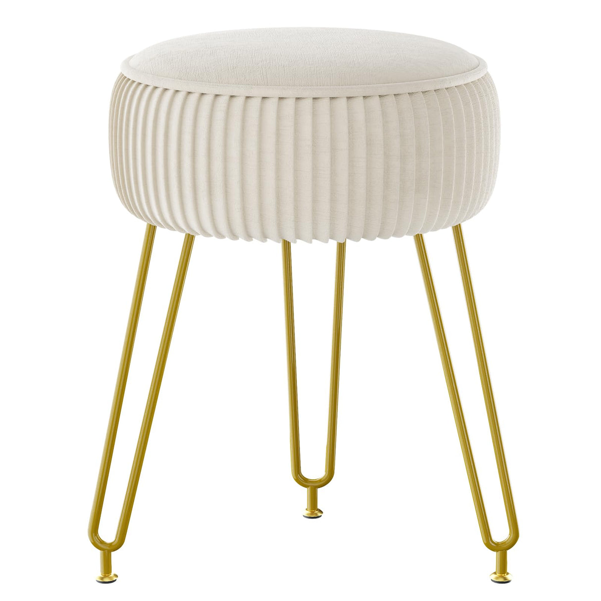 IBUYKE Velvet Round Footrest Stool Ottoman, Makeup Vanity Stool Side Table, Velvet Dressing Table Seat, Pouf Couch Stool, Golden Steel Legs, Creamy-White LG-30M IBUYKE