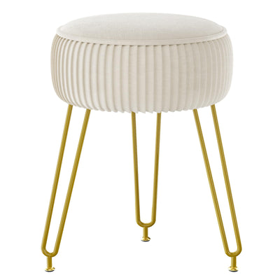 IBUYKE Velvet Round Footrest Stool Ottoman, Makeup Vanity Stool Side Table, Velvet Dressing Table Seat, Pouf Couch Stool, Golden Steel Legs, Creamy-White LG-30M