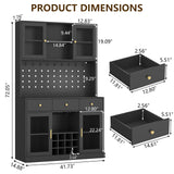 72" Tall Wine Bar Cabinet with Storage Hutch & Pegboard, Coffee Bar Cabinet with LED Lights, Modern Liquor Cabinets with 9-grid Wine & Glass Racks, Pantry Cabinet for Kitchen, Living Room (Black) Auromie