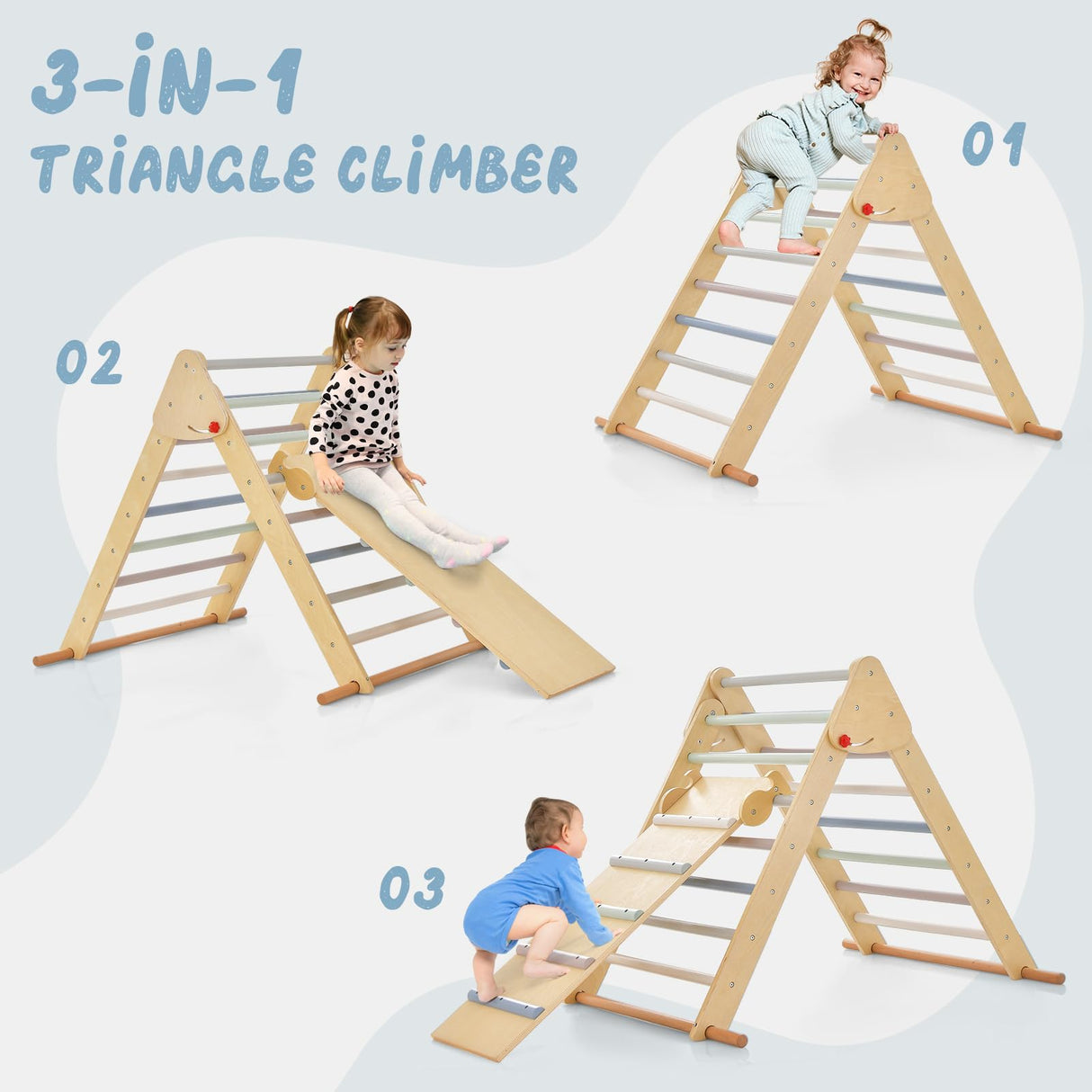 OLAKIDS Pikler Triangle Set 3 in 1 Climbing Toys for Toddlers Foldable Wood Montessori Baby Jungle Gym with Ramp Ladder Slide Kids Indoor Playground Activity Play Structure Olakids