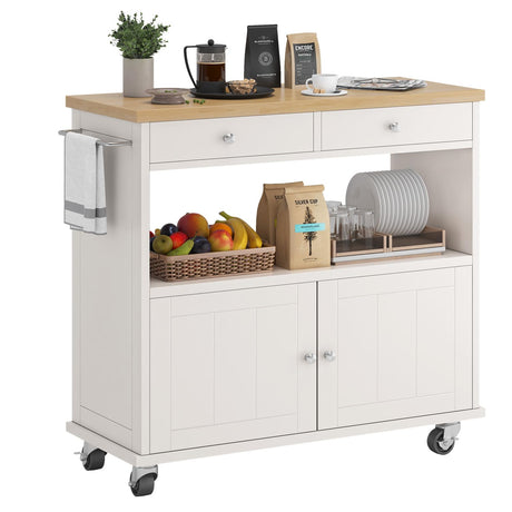 knoworld Rolling Kitchen Island with Storage Cabinet, 35.4'' Width Kitchen Cart, 2 Drawers Island Table, Portable Mobile Kitchen Island with Towel Rack, Wood Top and Lockable Wheels, White knoworld
