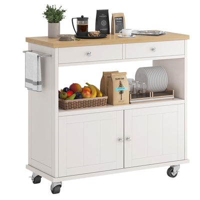 knoworld Rolling Kitchen Island with Storage Cabinet, 35.4'' Width Kitchen Cart, 2 Drawers Island Table, Portable Mobile Kitchen Island with Towel Rack, Wood Top and Lockable Wheels, White