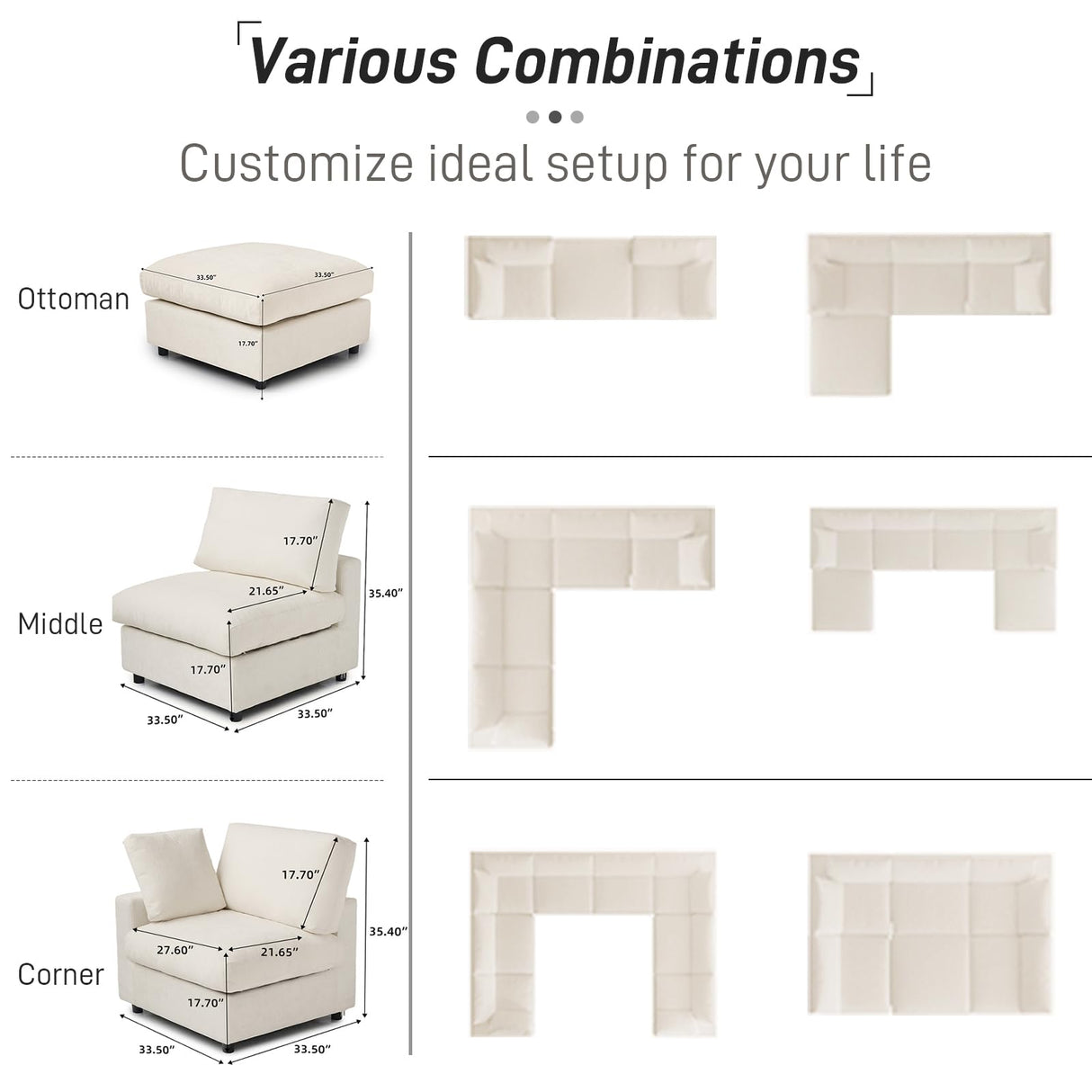 Cloud Sectional Couches for Living Room,100.5" Convertible L Shaped Couch with Ottoman, 4 Seater Modular Sectional Sofa,Deep Seater Furniture Sets,Beige WJShome