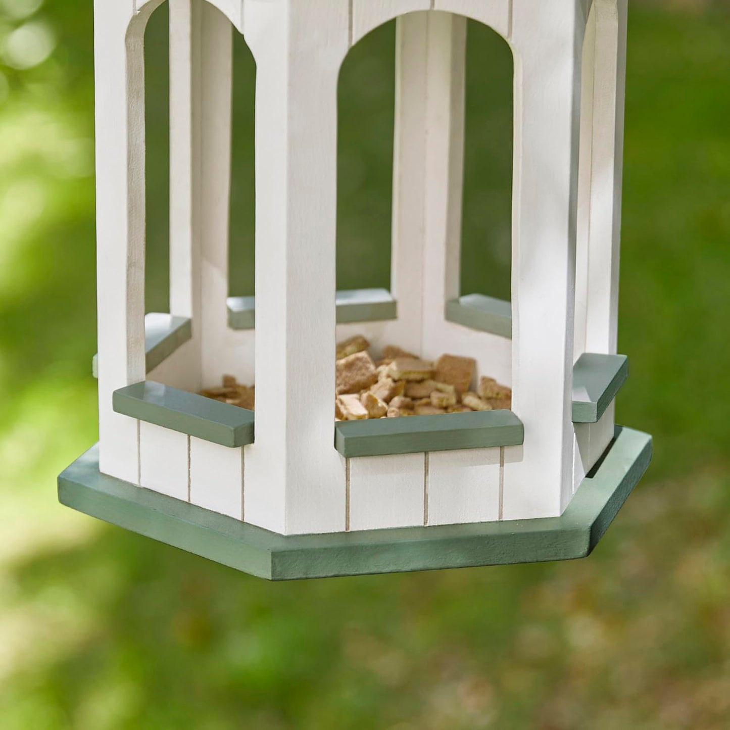 Glitzhome Large Capacity Hanging Bird Feeder,15.75" H Patina Metal Roof Solid Wood Gazebo Tray Bird Feeder for Outdoors Hanging,Supports Cardinals, Finch, Blue Jay,Sparrows and Outside Wild B - WoodArtSupply