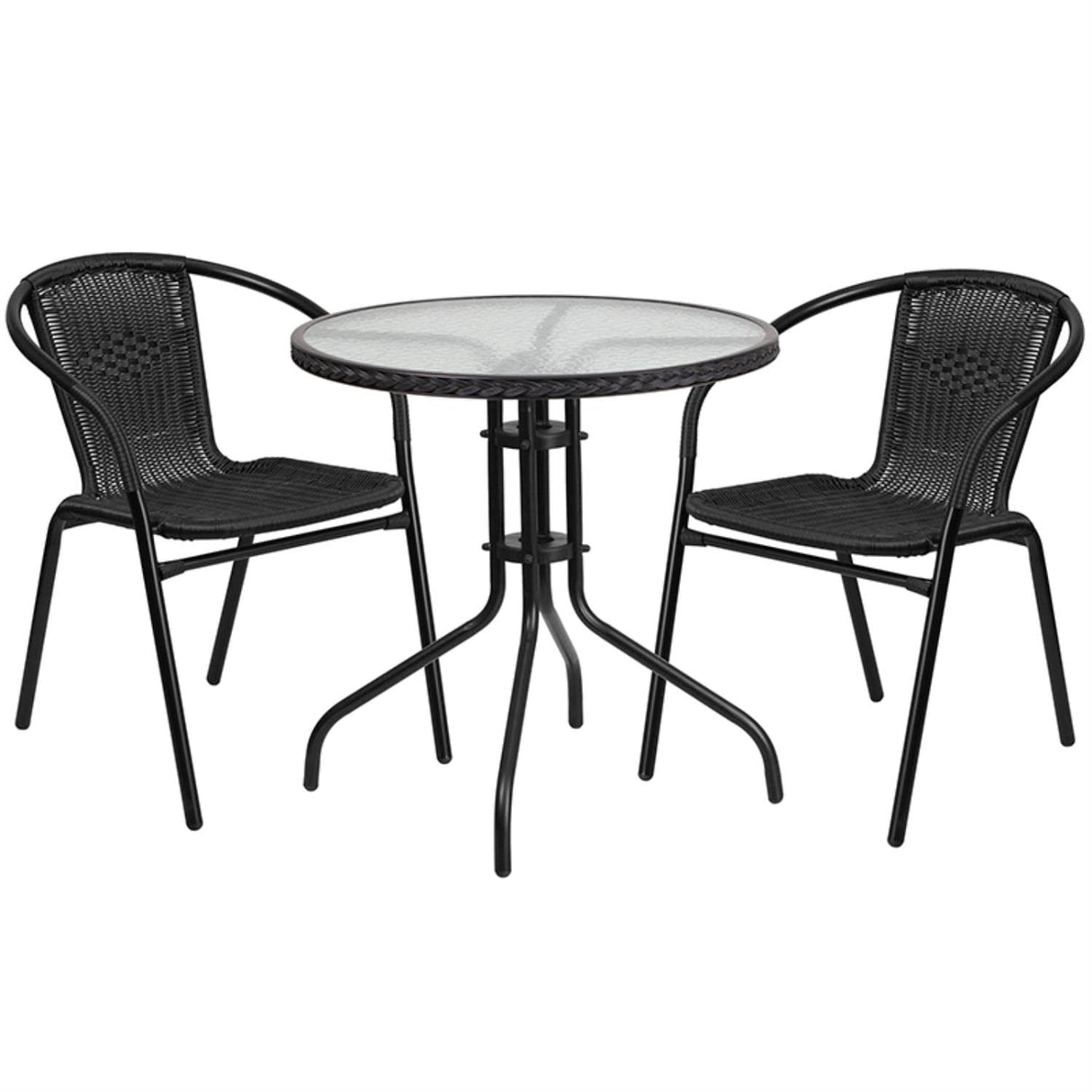 Flash Furniture Lila 28'' Round Glass Metal Table with Black Rattan Edging and 2 Black Rattan Stack Chairs Flash Furniture