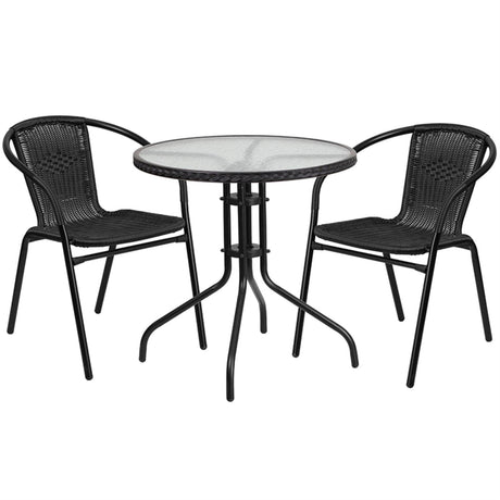 Flash Furniture Lila 28'' Round Glass Metal Table with Black Rattan Edging and 2 Black Rattan Stack Chairs Flash Furniture