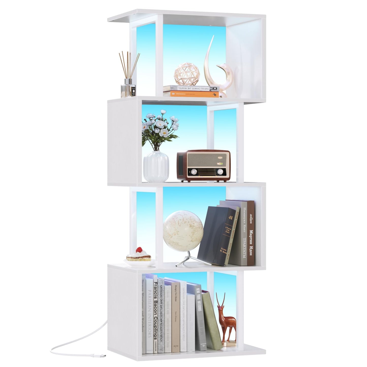 Furologee White Geometric Bookshelf with LED Light, 5 Tier S-Shaped Small Bookcase, Modern Display Standing Shelf, Metal Wooden Decorative Storage Shelves for Bedroom, Living Room, Office