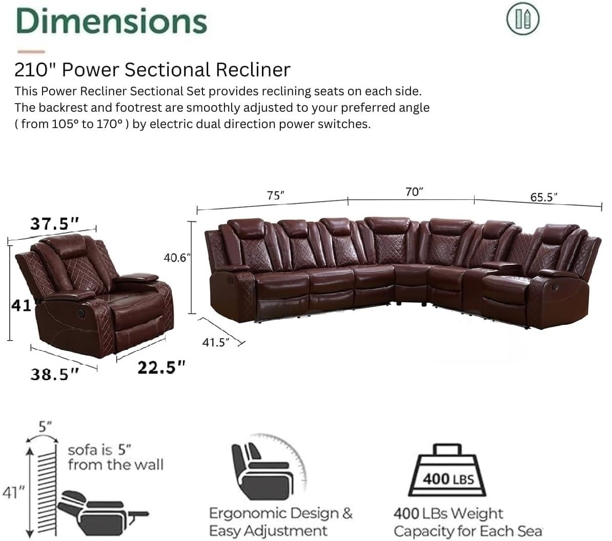 Power Recliner Sofa Sectional Sofa with LED Light for Living Room, Air Leather Reclining Corner Sectional Sofa Set, Cup Holder, Storage Console for Home Theater Seating (Burgundy, Sectional+Chair) AYCP Furniture