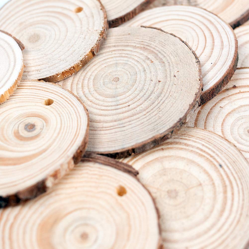 LovesTown 50pcs DIY Craft Unfinished Wood kit,2.4-3 Inches Bark Wood Slices Unfinished Wood Disc with Hole DIY Wooden Ornaments for Wedding Decorations Christmas Ornaments