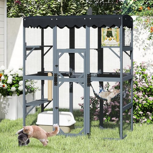 COZIWOW 72Inches Large Wood Catio Outdoor Cat Enclosure with Waterproof Roof, Multi-Level Cat House for 2-3 Cats, Spacious Perches, Hammock, and Scratching Post（Grey Fashion Pattern） COZIWOW
