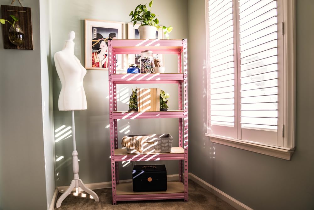 5 Tier Adjustable Steel Powder Coated Rack Storage Shelving with Engineered Wood Shelves. for Indoor Storage in garages, basements, Kitchens, etc. (Pink) 11.8" D x 27.5" W x 59.5" H Generic