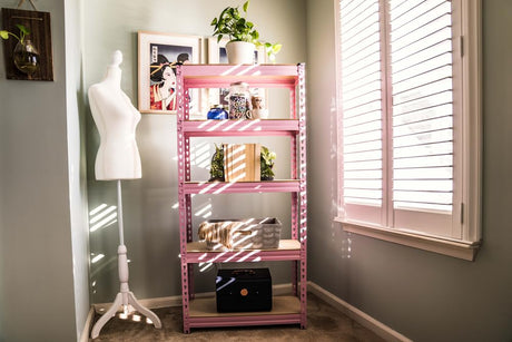 5 Tier Adjustable Steel Powder Coated Rack Storage Shelving with Engineered Wood Shelves. for Indoor Storage in garages, basements, Kitchens, etc. (Pink) 11.8" D x 27.5" W x 59.5" H Generic