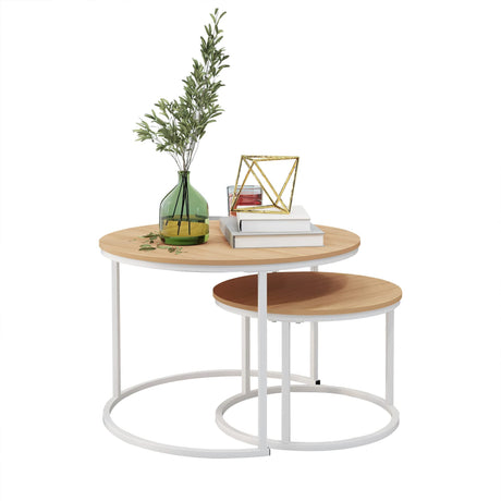 HOJINLINERO Round Coffee Table Set of 2 End Table for Living Room,Stacking Side Tables,Sturdy& Easy Assembly,Wood Look Accent Furniture with Metal Frame,Industrial/Modern Coffee Table White+Teak OAKDK HOJINLINERO