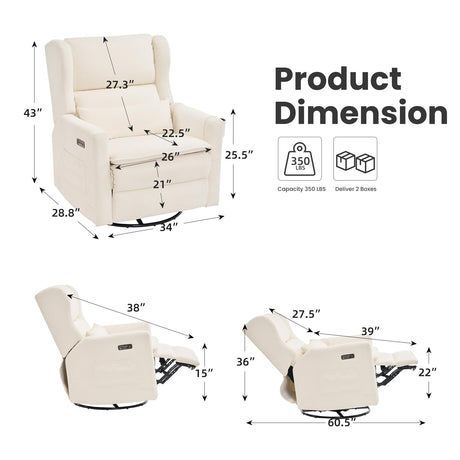 RUTOX Oversized Swivel Rocker Recliner with Adjustable Headrest, 26" Extra Wide Glider Recliner Nursery Chair with Double Cushion, Chenille Glider Rocking Chair for Living Room,Cup Holder,White RUTOX