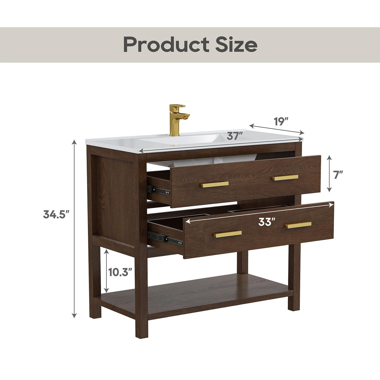 DELUXE LIVING 36 Inch Bathroom Vanity with Sink, Farmhouse Storage Cabinet with Drawers & Open Storage Shelf, Easy Assembly, Adjustable Feet, Walnut DELUXE LIVING