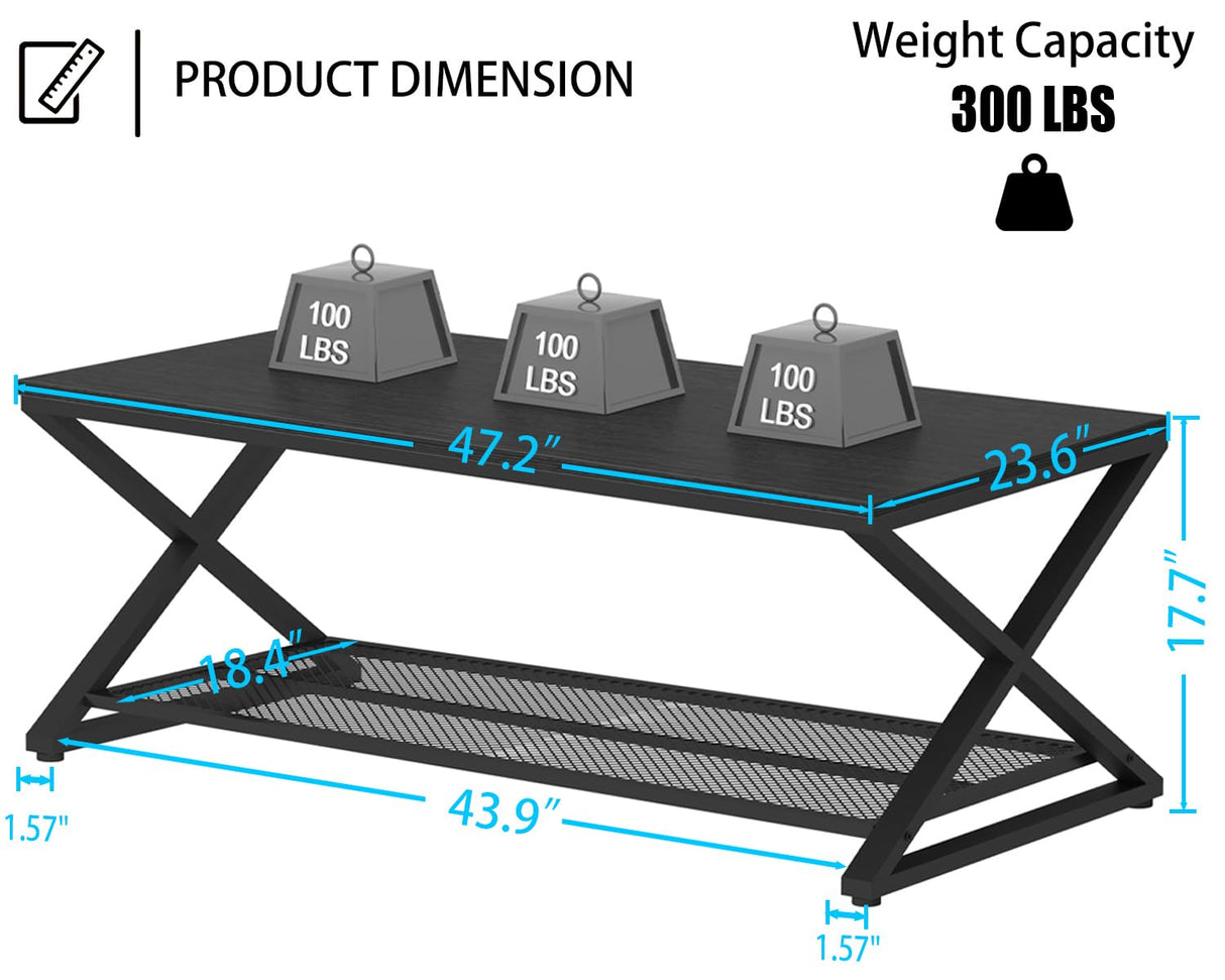 LVB Black Coffee Table, Wood Metal 2 Tier Center Tables with Storage Shelf, Modern Rectangular Concrete Tea Table for Living Room, Wooden Middle Cocktail Table for Office Bedroom, 47 inch, Black Oak LVB