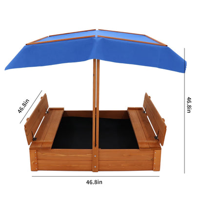 Wooden Cedar Sand Box, Large Kids Sand Boxes with Adjustable Canopy, 2 Foldable Bench Seats, Sand Protection, Bottom Liner, Sand Boxes for Backyard Garden, Sand Pit for Beach Patio Outdoor (4 - WoodArtSupply