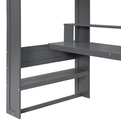 Merax Twin Loft Bed with Gaming Desk, Storage Shelves, Drawer & Charging Station in Dark Grey - WoodArtSupply