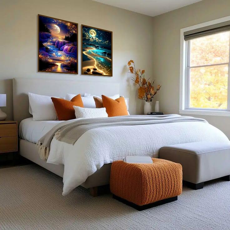 Mowana 2 Pack Moon Beach Diamond Art Kits for Adults – Moonlight Diamond Painting on Canvas, Landscape & Moonwaterfall Relaxing 5D DIY Diamond Art Painting Kit Wall Decor 12x16inch Mowana