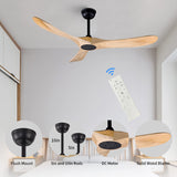 FOBLKS 52" Indoor/Outdoor Wooden Ceiling Fan, 3 Blade DC Ceiling Fan with Remote Control, 2 Downrods, Reversible DC Motor 22W Quiet Energy Saving FOBLKS