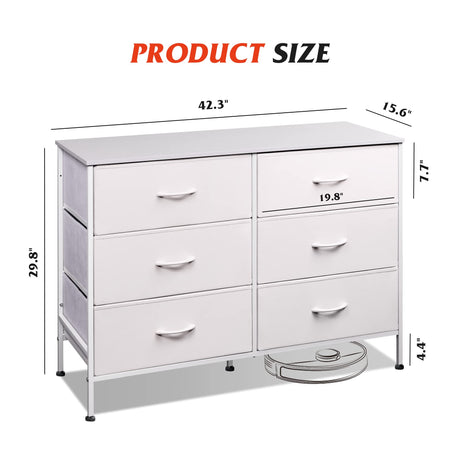 WLIVE Wide Dresser with 6 Drawers, TV Stand for 50" TV, Entertainment Center with Metal Frame, Wooden Top, Fabric Storage Dresser for Bedroom, Hallway, Entryway, White WLIVE