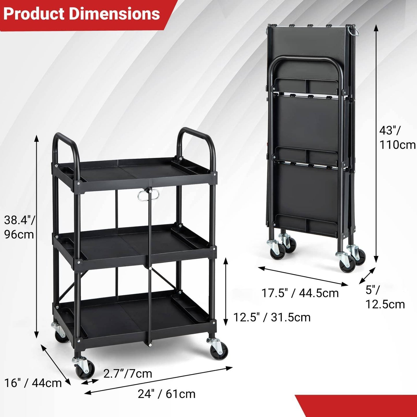 IRONMAX Folding Tool Cart on Wheels, Heavy Duty 3 Tier Foldable Utility Cart w/ 4 Universal Wheel & Compartments, Lightweight Collapsible Service - WoodArtSupply