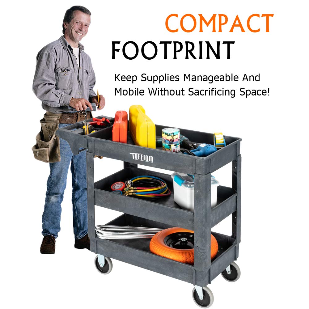 TUFFIOM Plastic Service Utility Cart with Wheels, 550lbs Capacity, Heavy Duty Tub W/Deep Shelves, Multipurpose Rolling 3-Tier Mobile Storage TUFFIOM