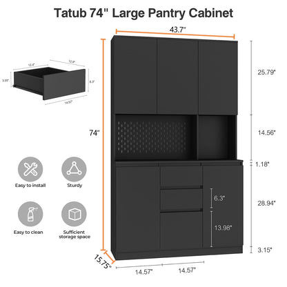 Tatub 74” Tall Pantry Cabinet with Power Outlet, Kitchen Hutch with Storage & Microwave Oven Countertop, Black Kitchen Pantry Storage Cabinet with 6 Doors and 3 Adjustable Shelves & 2 Drawers - WoodArtSupply