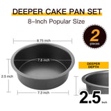HONGBAKE Round Cake Pan Set for Baking, 8 Inch, Nonstick Deeper Circle Cake Pans with Wider Grips, 2 Pieces Layer Cake Tin, Cheesecake Mold, Huty Duty, Dishwasher Safe - Grey HONGBAKE