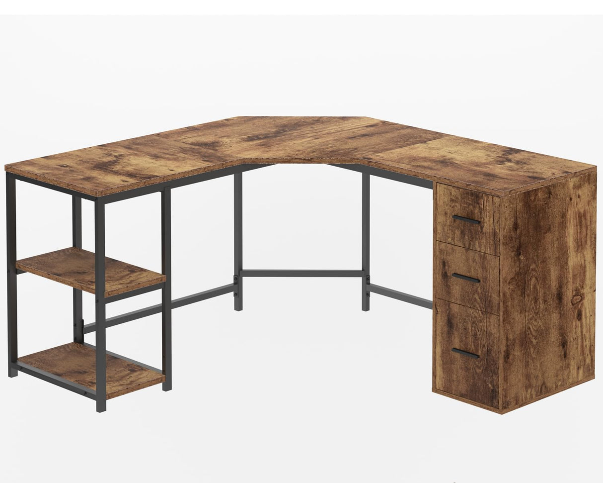 LVB Farmhouse L-shaped Corner Desk with Drawers, Reversible Home Office Executive Desk with Storage Cabinet Shelves, Large Wood Metal L Shaped Table for Work Study Writing Gaming, Rustic Brown, 60 in LVB