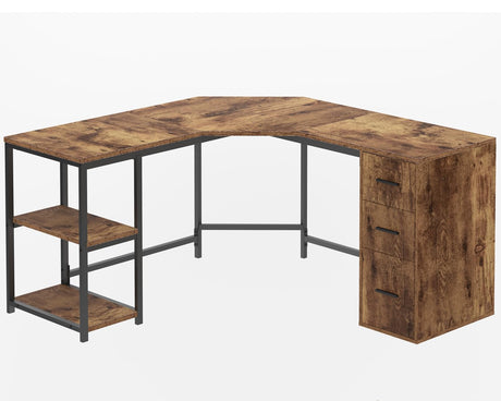 LVB Farmhouse L-shaped Corner Desk with Drawers, Reversible Home Office Executive Desk with Storage Cabinet Shelves, Large Wood Metal L Shaped Table for Work Study Writing Gaming, Rustic Brown, 60 in LVB