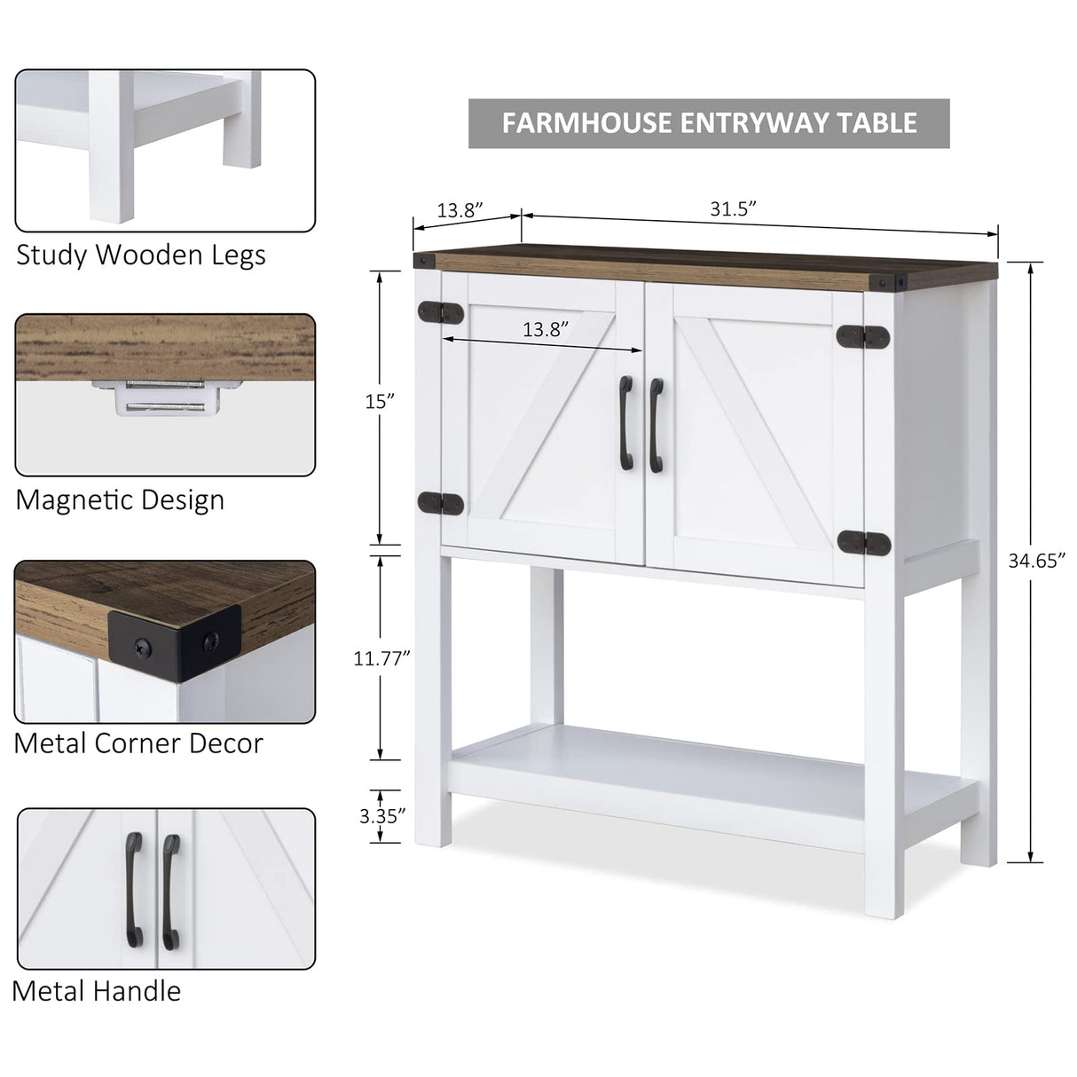 Mufico Farmhouse Console Table with Storage Cabinets – Versatile Entryway and Coffee Bar Table in White Mufico