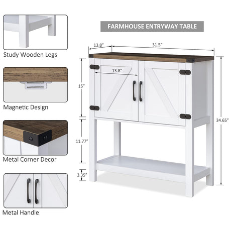 Mufico Farmhouse Console Table with Storage Cabinets – Versatile Entryway and Coffee Bar Table in White Mufico