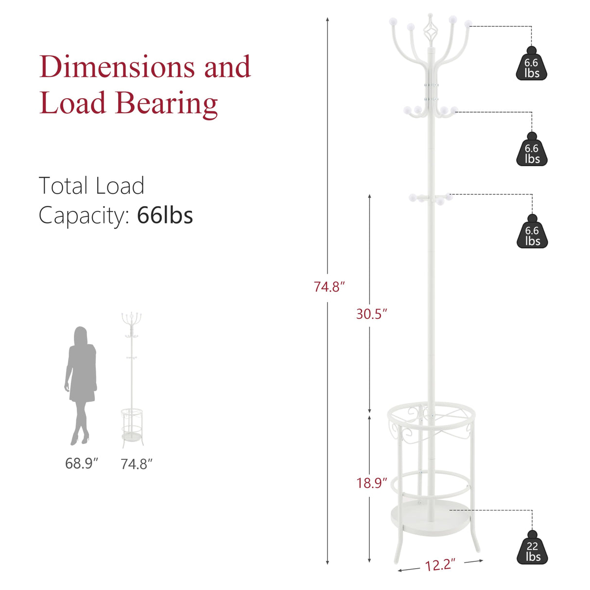 Tajsoon Standing Coat Rack with Umbrella Holder, Freestanding Coat Hanger Stand with Umbrella Stand, Entryway Coat Rack with 12 Hooks to Hold Clothes, Coat Tree for Living Room Bedroom Office, White Tajsoon