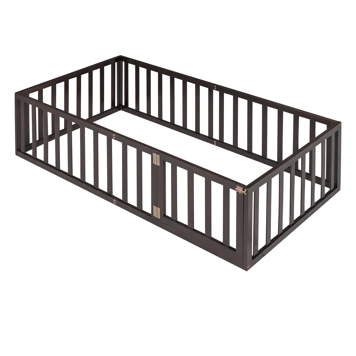 Harper & Bright Designs Twin Walnut Montessori Floor Bed with Fenced Design and Door for Kids - WoodArtSupply