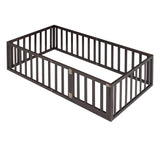 Harper & Bright Designs Twin Walnut Montessori Floor Bed with Fenced Design and Door for Kids Harper & Bright Designs
